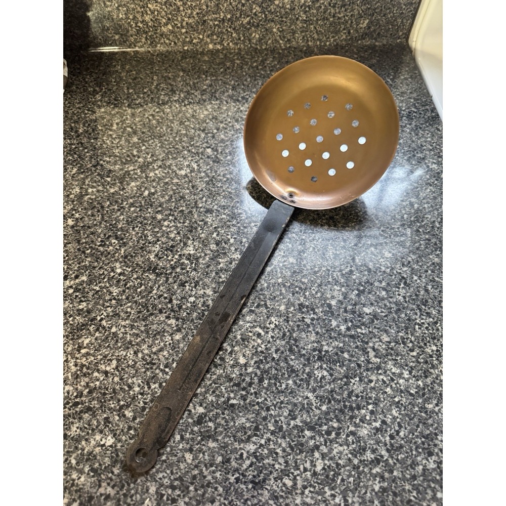 Hammered Copper Wrought Iron Ladle Strainer Skimmer Spoon - 17"